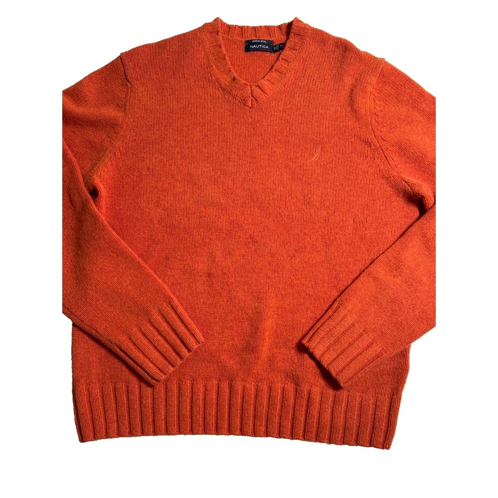 Nautica Men's Merino wool orange v neck sweater classic preppy knit Size‎ XL
